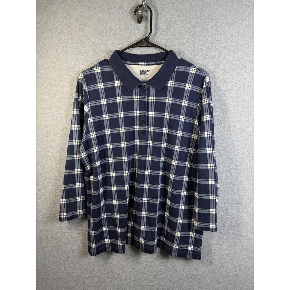 Lands' End Polo Shirt Womens XL Blue Plaid 3/4 Sleeve Collared Stretch Top